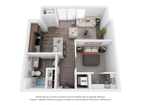 Floor plan for studio, 1 bath, 698 sqft